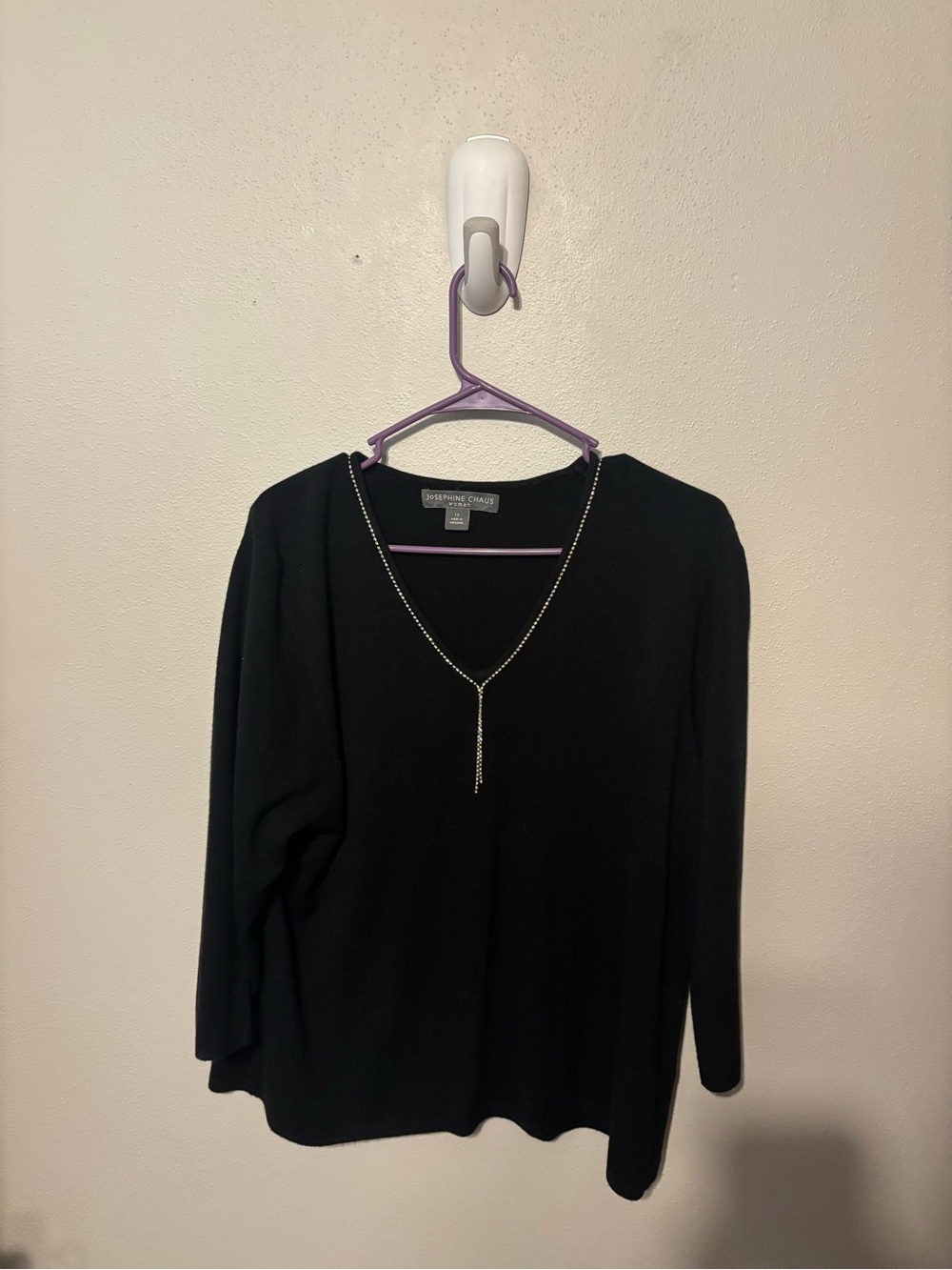 Josephine Chaus Black Long-Sleeve V-Neck Sweater with Rhinestone Y-Drop